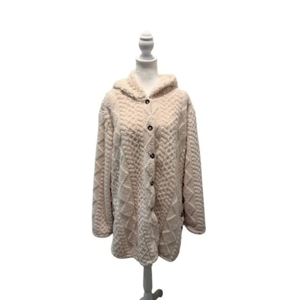 Womens XL Sherpa Fleece Hooded Jacket Cable Knit Textured Cream Cozy Cardigan